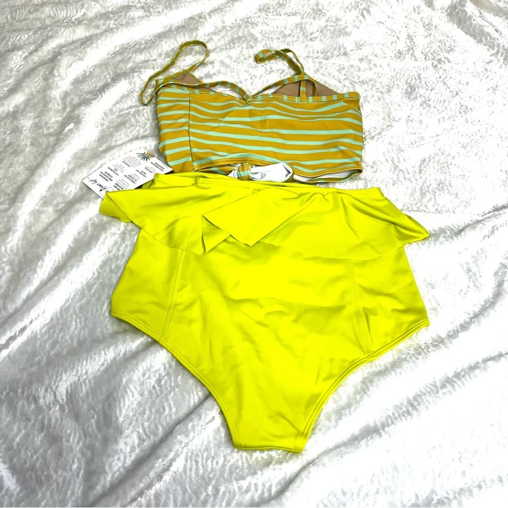 Kortni Jeane Neon Green/ Yellow High-Waisted Bikini Bottoms size Small-NWT